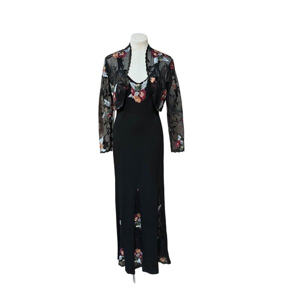 70s Dramatic Black Knit Mermaid Maxi Slip Dress Lace Bolero Jacket Whimsigoth